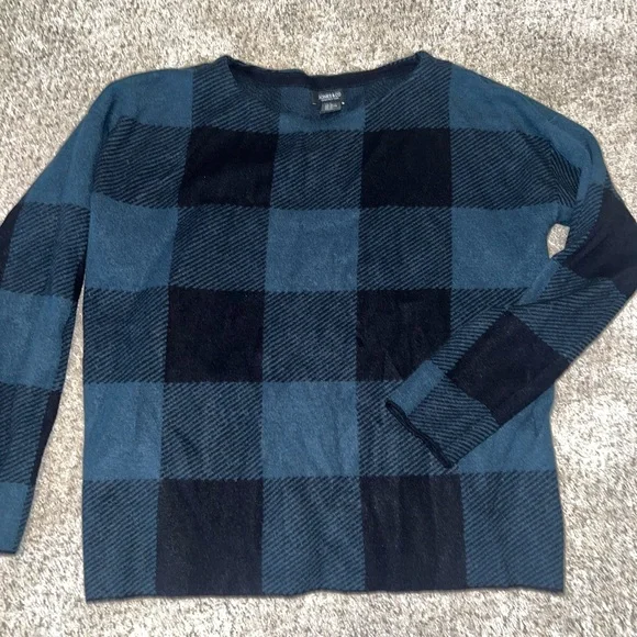 Jones New York Women's Black and Teal Blue Plaid Crewneck Sweater - Picture 1 of 6